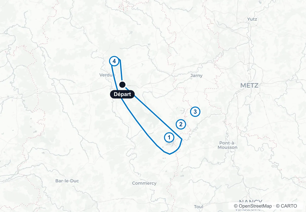 Carte du circuit : départ du Rozelier, puis Lac de Madine, Étangs de Lachaussée, Chambley-Bussières, Ossuaire de Douaumont, et retour.