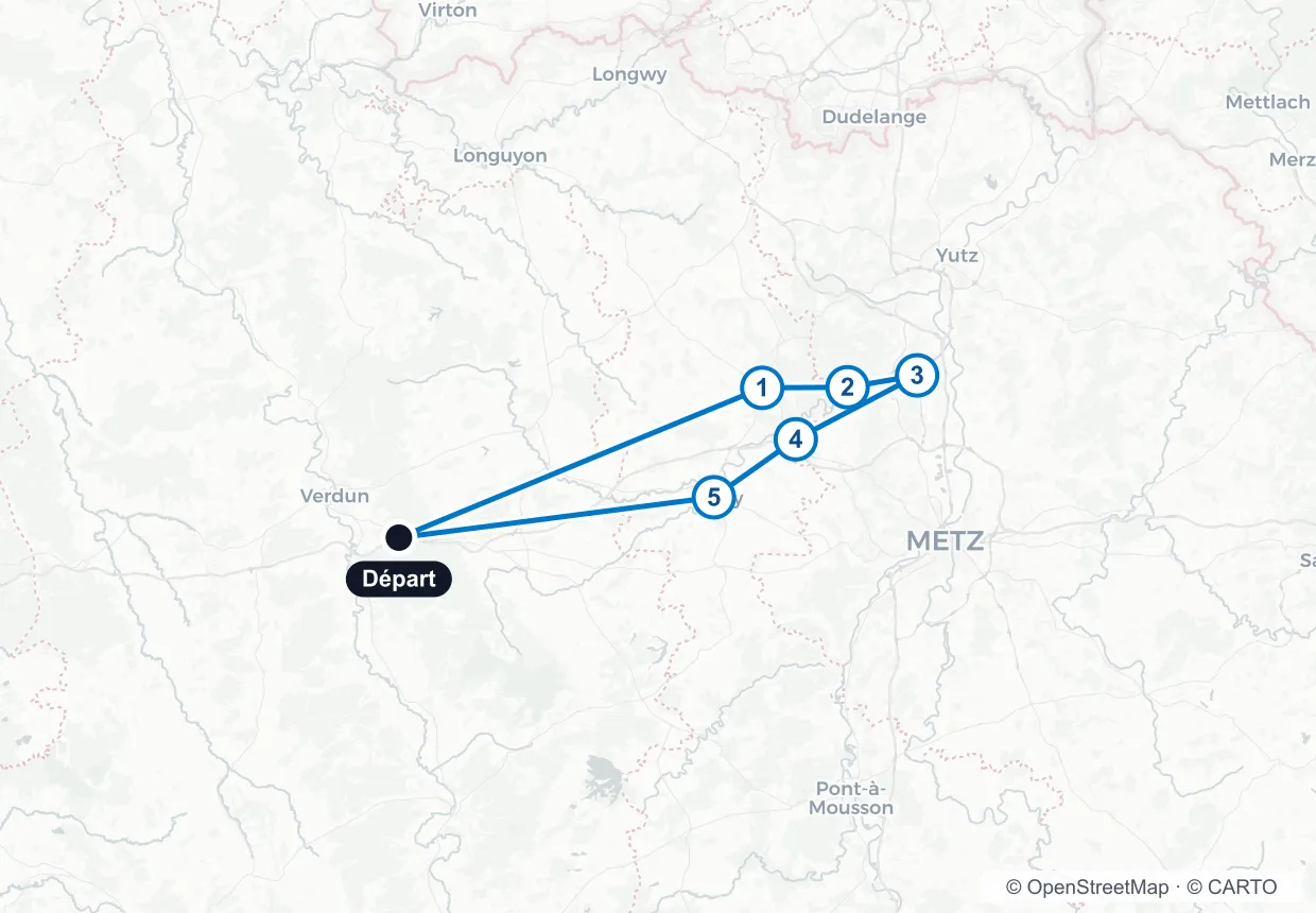Carte du circuit : départ du Rozelier, puis Briey, Moyeuvre, Amnéville, Sainte-Marie-aux-Chênes, Jarny, et retour.