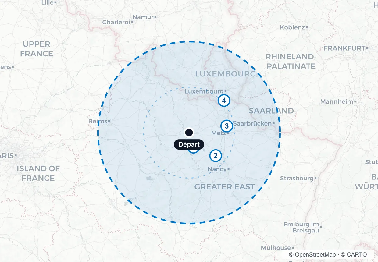 Carte du rayon d'action : environ 118 km autour de l'aérodrome du Rozelier, à Sommedieue.